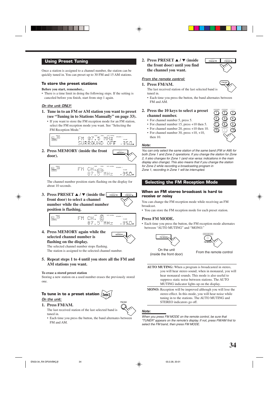 Press fm/am, Selecting the fm reception mode, Press fm mode | Using preset tuning, On the unit only, On the unit | JVC RX-DP20VBKC User Manual | Page 37 / 90