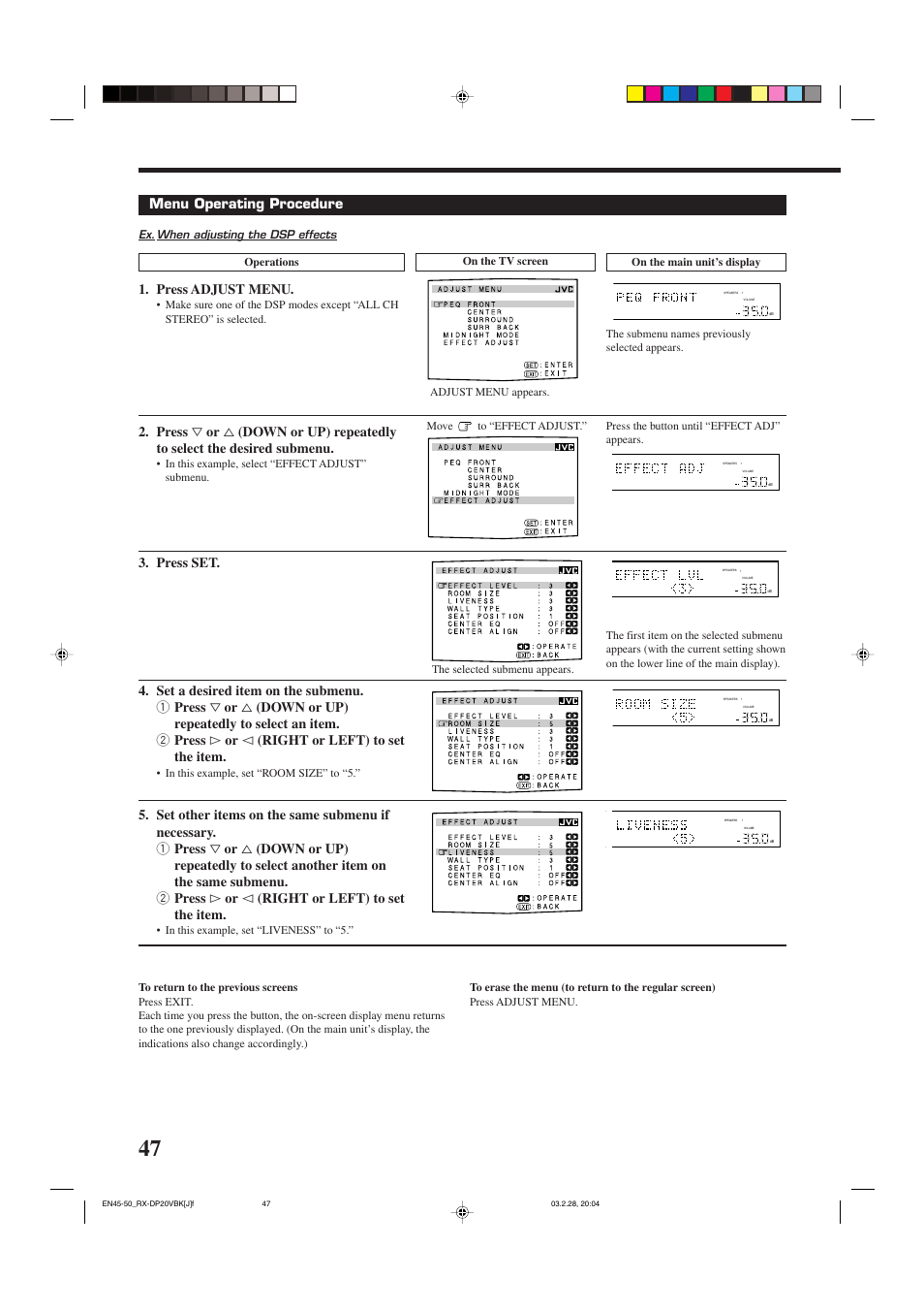 Menu operating procedure, Press adjust menu | JVC RX-DP20VBKC User Manual | Page 50 / 90