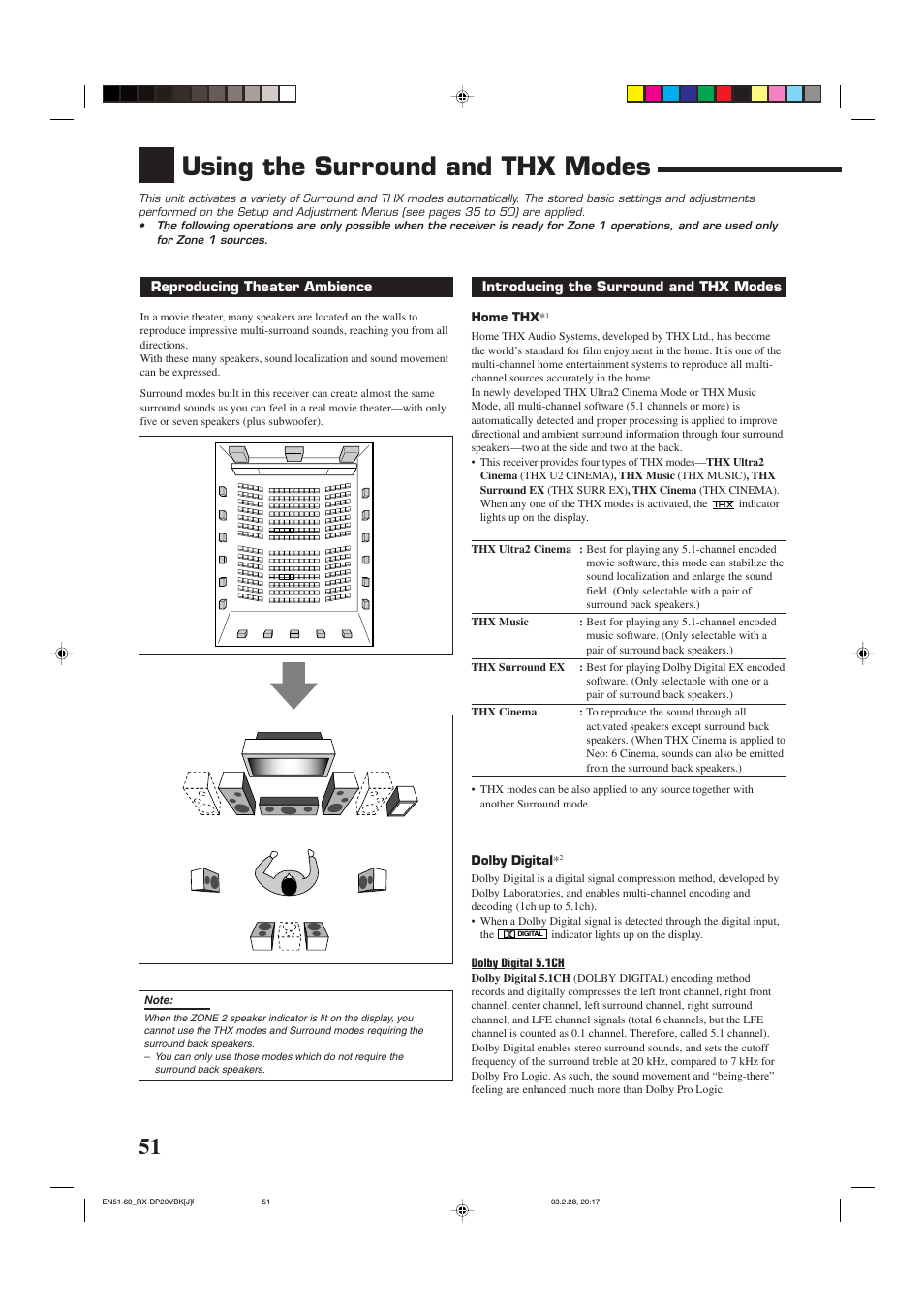 Using the surround and thx modes | JVC RX-DP20VBKC User Manual | Page 54 / 90