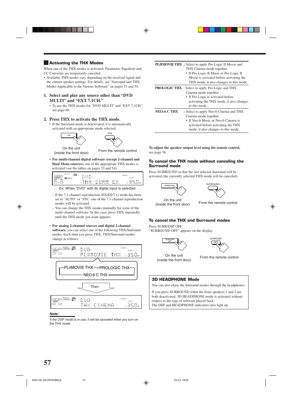 Press thx to activate the thx mode, Activating the thx modes, 3d headphone mode | Neo:6 c thx pl, Movie thx prologic thx | JVC RX-DP20VBKC User Manual | Page 60 / 90