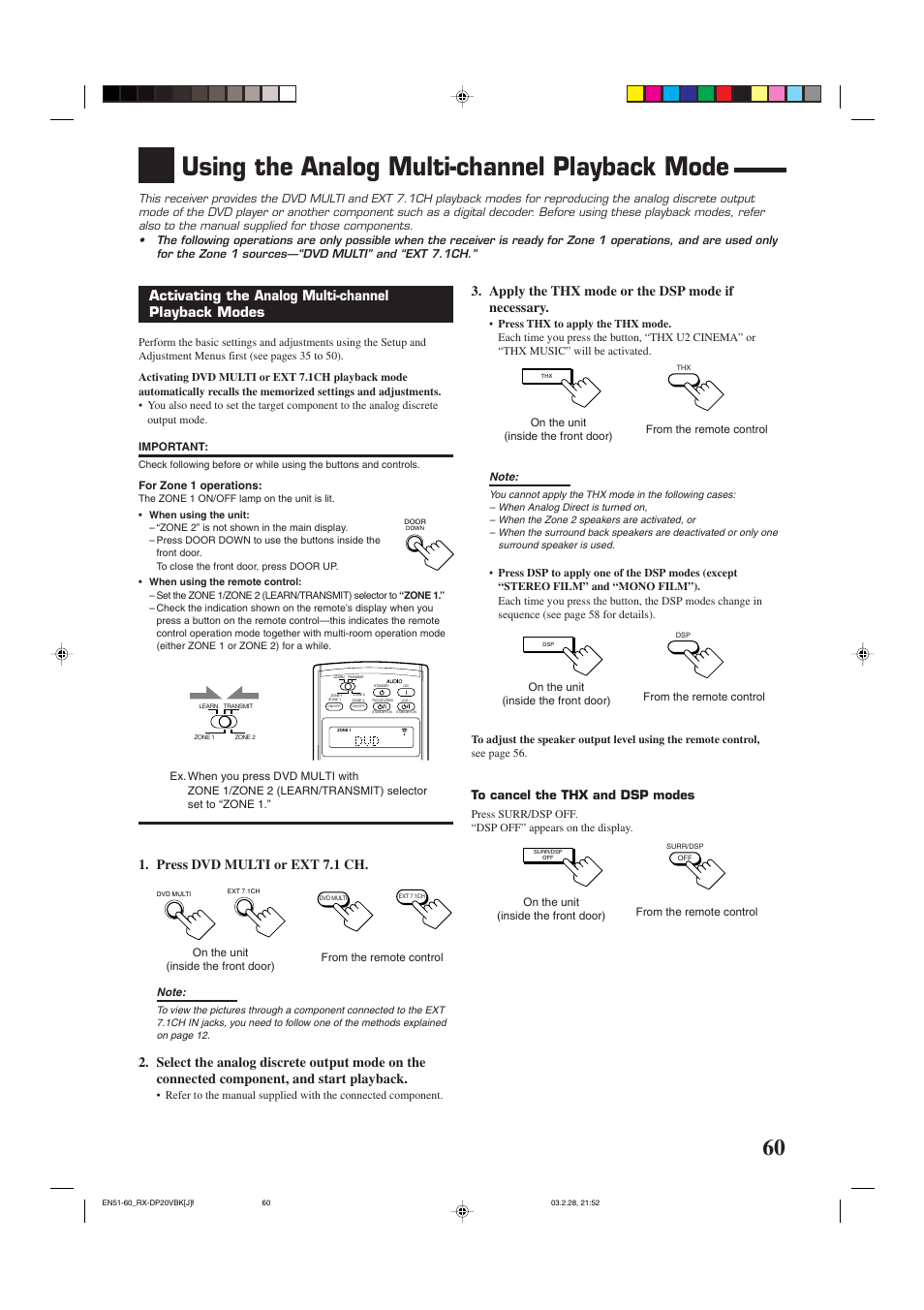 Using the analog multi-channel playback mode, Activating the analog multi-channel playback modes, Apply the thx mode or the dsp mode if necessary | Press dvd multi or ext 7.1 ch | JVC RX-DP20VBKC User Manual | Page 63 / 90