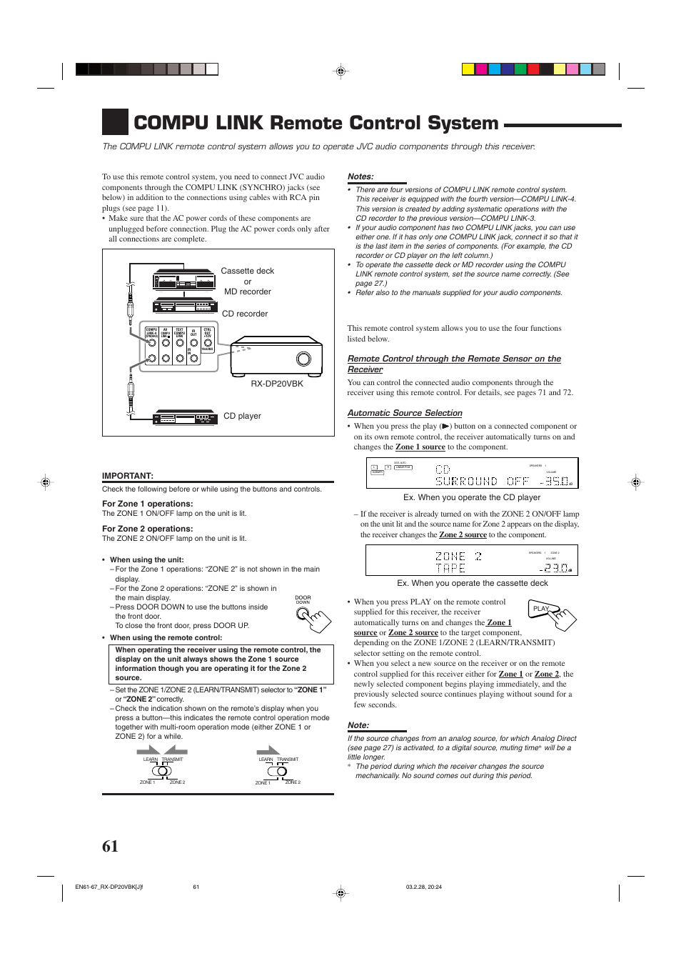 Compu link remote control system, Automatic source selection | JVC RX-DP20VBKC User Manual | Page 64 / 90