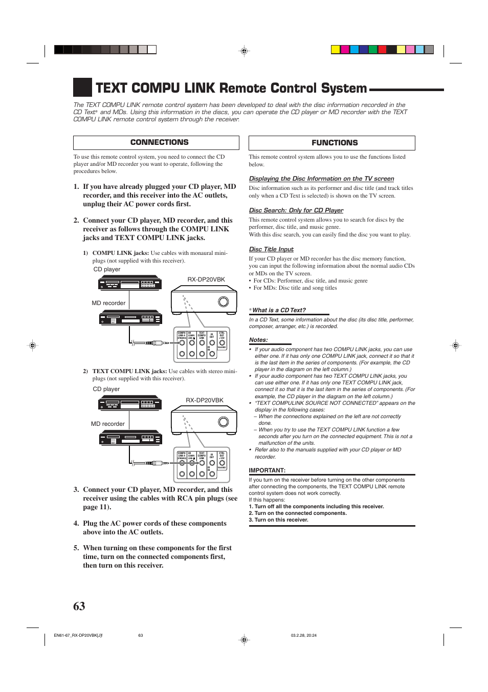 Text compu link remote control system, Functions, Connections | JVC RX-DP20VBKC User Manual | Page 66 / 90