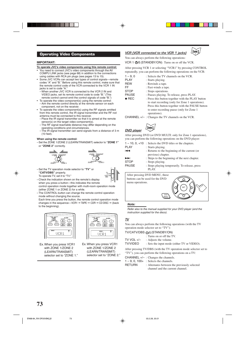 Operating video components, Vcr (vcr connected to the vcr 1 jacks), Dvd player | JVC RX-DP20VBKC User Manual | Page 76 / 90