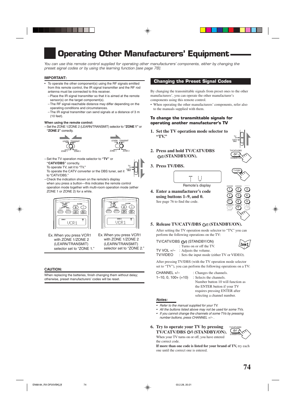 Operating other manufacturers’ equipment, Changing the preset signal codes, Release tv/catv/dbs (standby/on) | JVC RX-DP20VBKC User Manual | Page 77 / 90