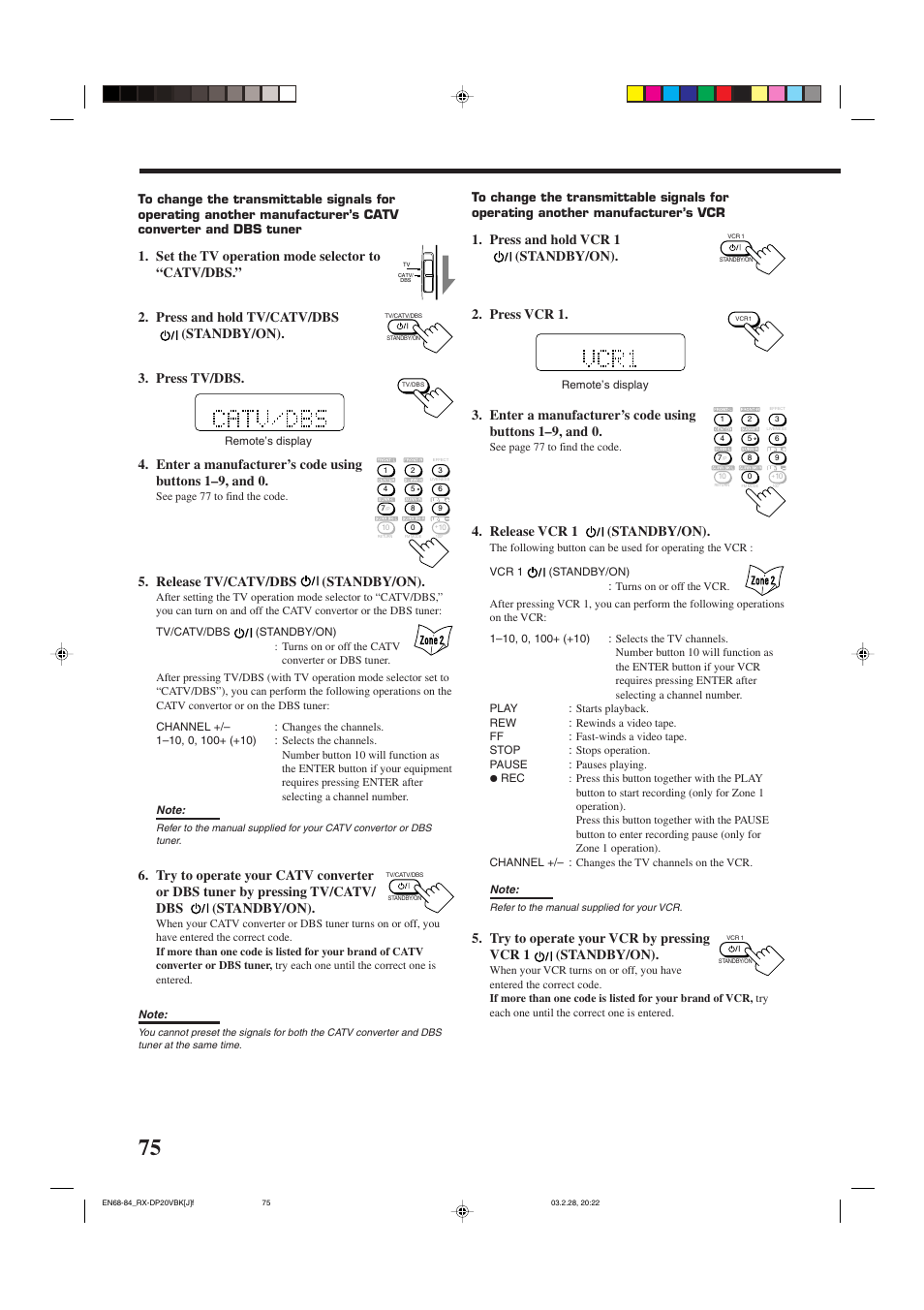 Release tv/catv/dbs (standby/on), Release vcr 1 (standby/on) | JVC RX-DP20VBKC User Manual | Page 78 / 90