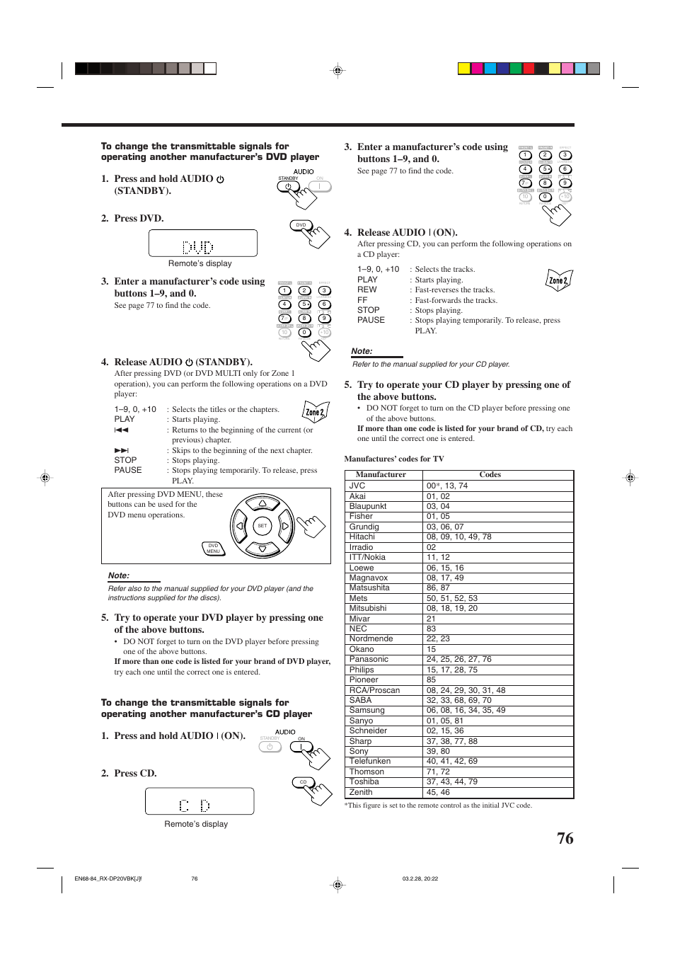 Press and hold audio (on). 2. press cd, Release audio (on), Release audio (standby) | JVC RX-DP20VBKC User Manual | Page 79 / 90