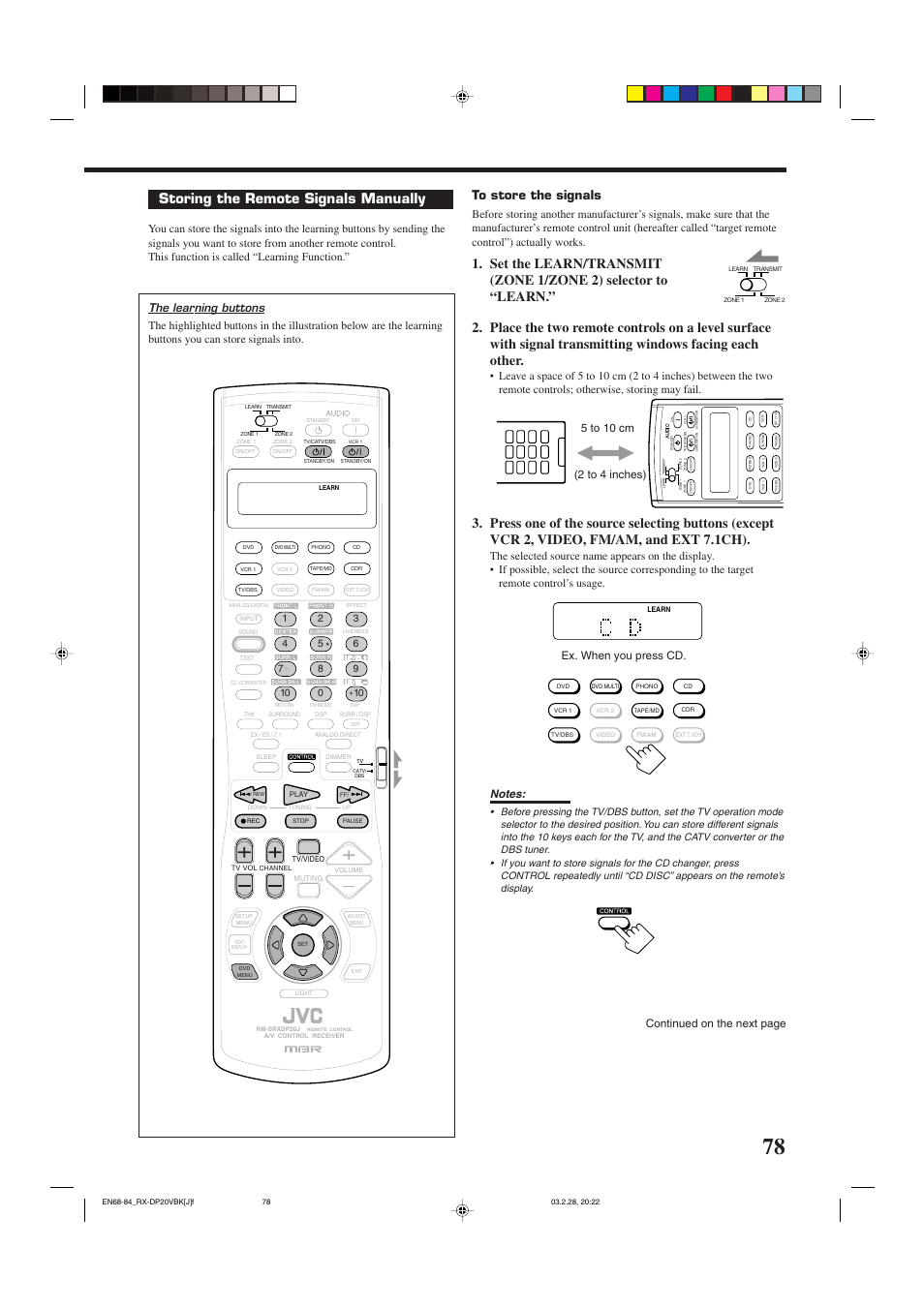 Storing the remote signals manually, The learning buttons, Ex. when you press cd | Continued on the next page | JVC RX-DP20VBKC User Manual | Page 81 / 90