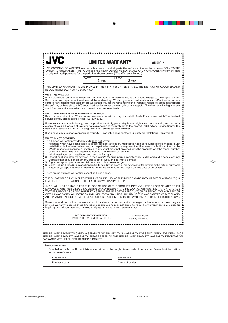 Limited warranty, Audio-2 | JVC RX-DP20VBKC User Manual | Page 88 / 90