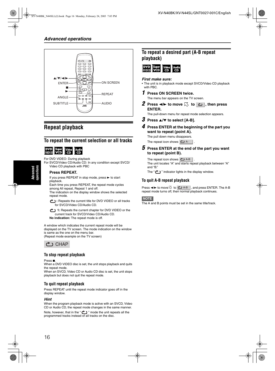 Repeat playback, Advanced operations, Chap | JVC XV-N40BK User Manual | Page 18 / 43