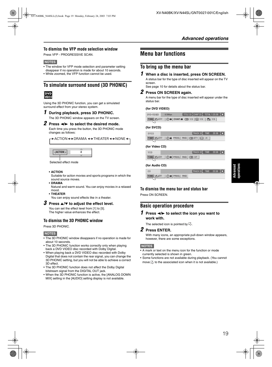 Menu bar functions, Basic operation procedure, Advanced operations | JVC XV-N40BK User Manual | Page 21 / 43