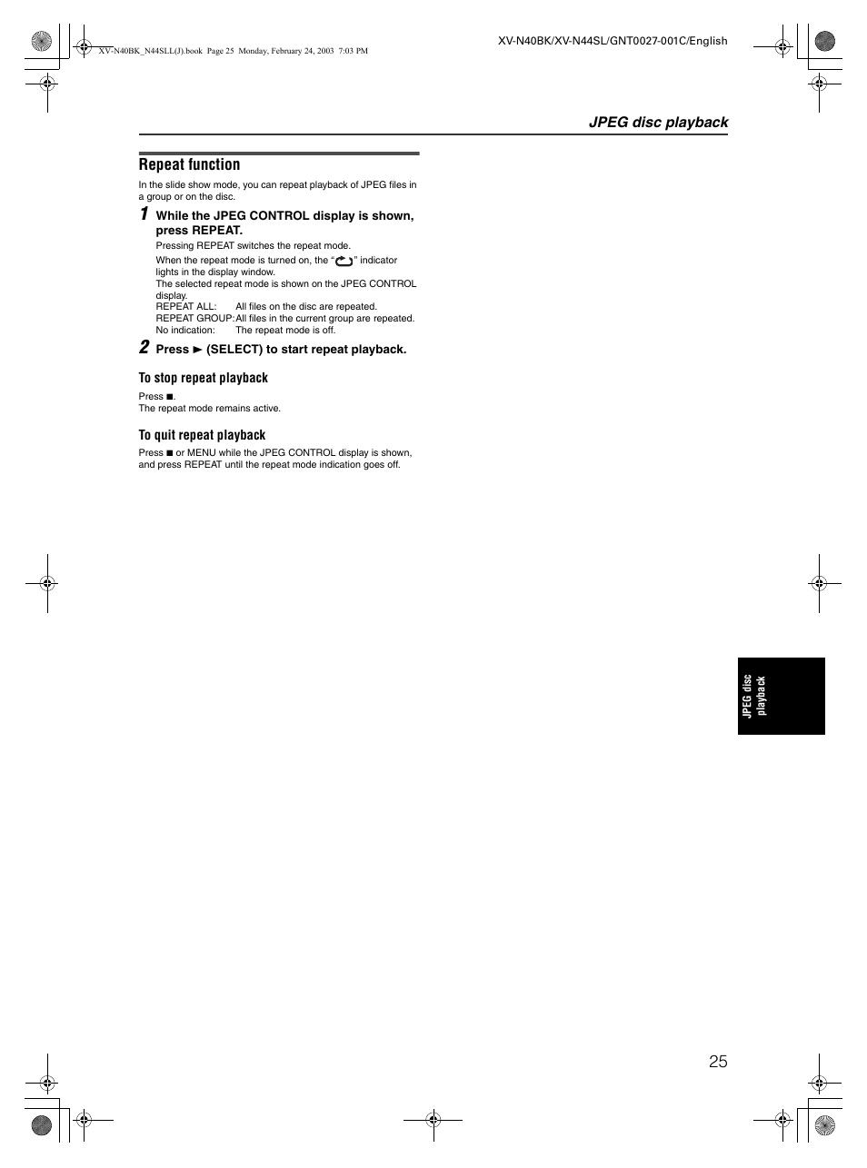 Repeat function, Jpeg disc playback | JVC XV-N40BK User Manual | Page 27 / 43