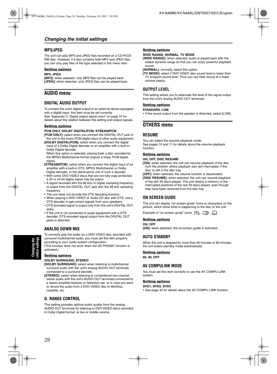 Audio menu, Others menu, Changing the initial settings | JVC XV-N40BK User Manual | Page 30 / 43