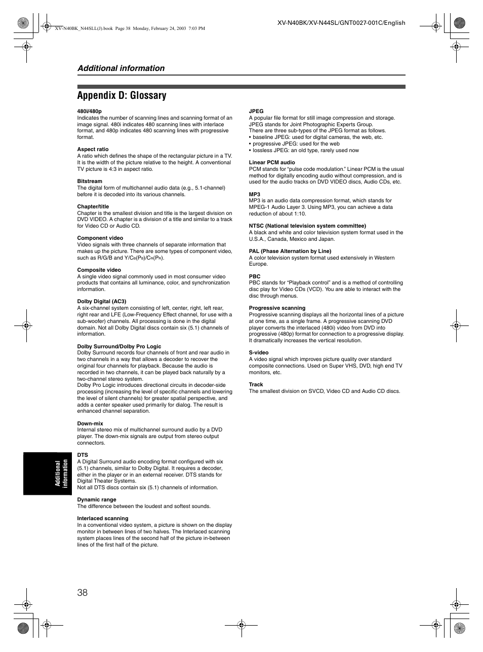 Appendix d: glossary, Additional information | JVC XV-N40BK User Manual | Page 40 / 43