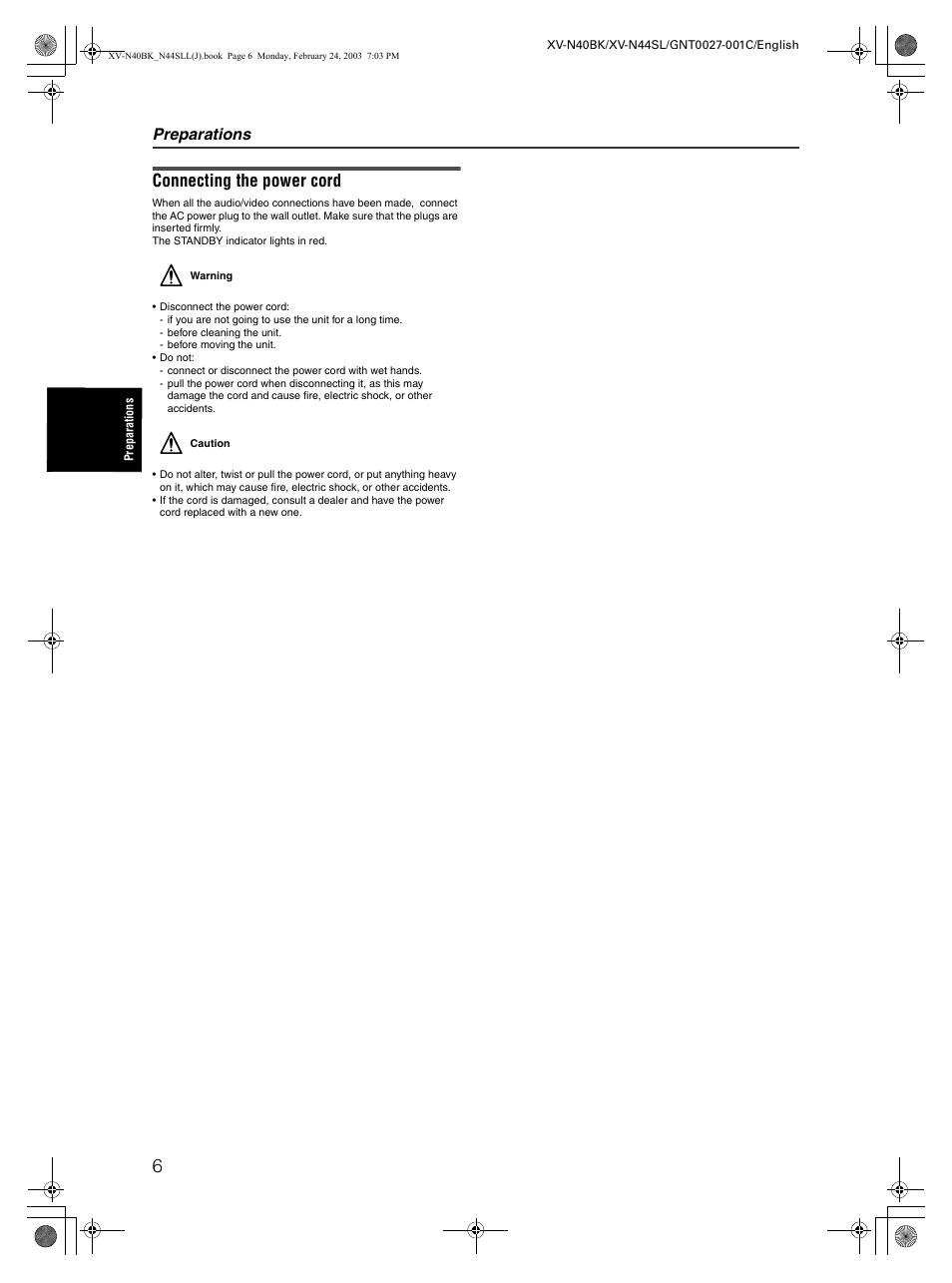 Connecting the power cord, Preparations | JVC XV-N40BK User Manual | Page 8 / 43