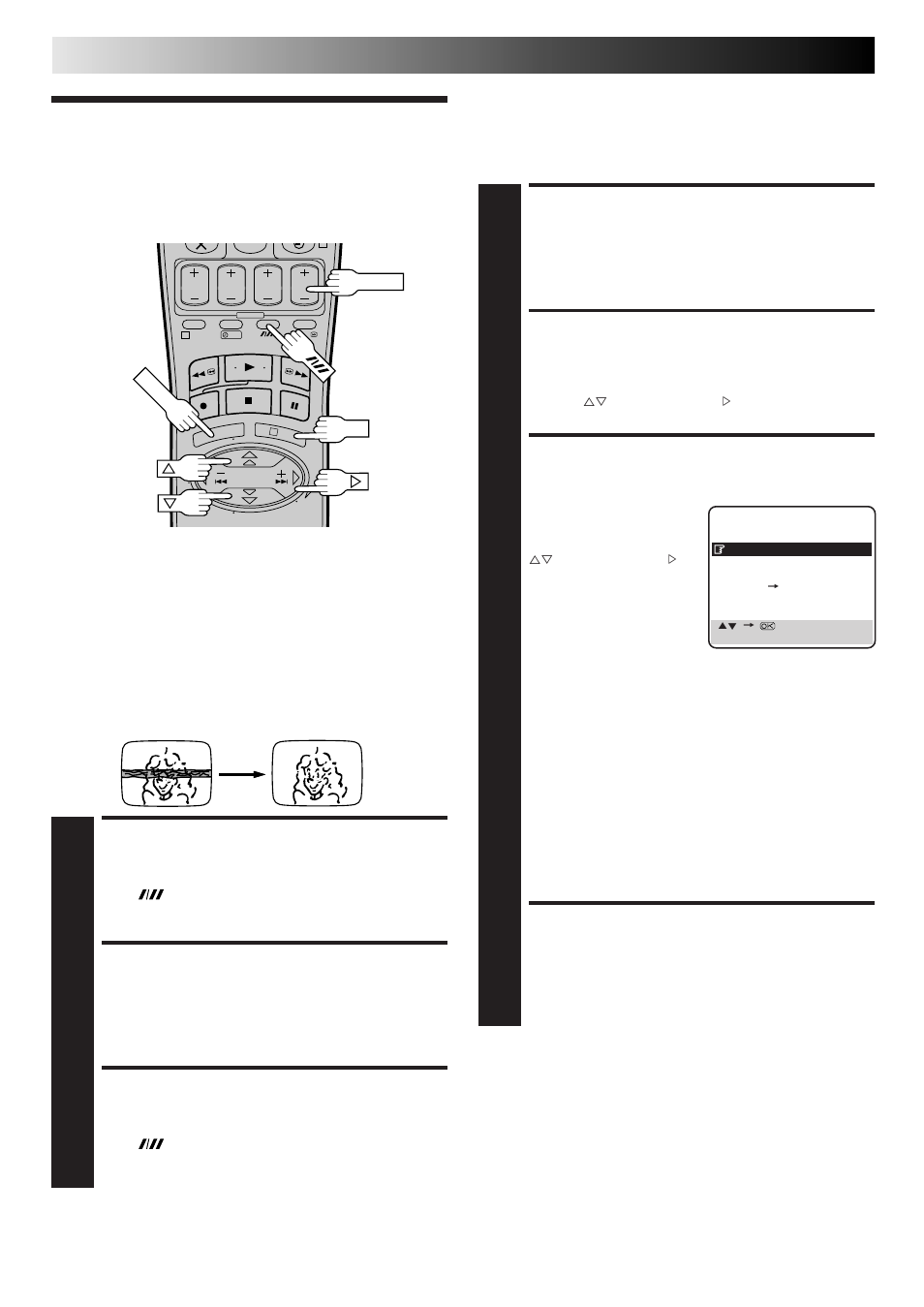 Playback pic- ture adjustment, Override automatic tracking, Adjust tracking manually | Return to automatic tracking, Access main menu screen, Access mode set screen, Select picture control set mode, Return to normal screen, Advanced operations (cont.), Manual tracking | JVC HR-J665ES User Manual | Page 20 / 48