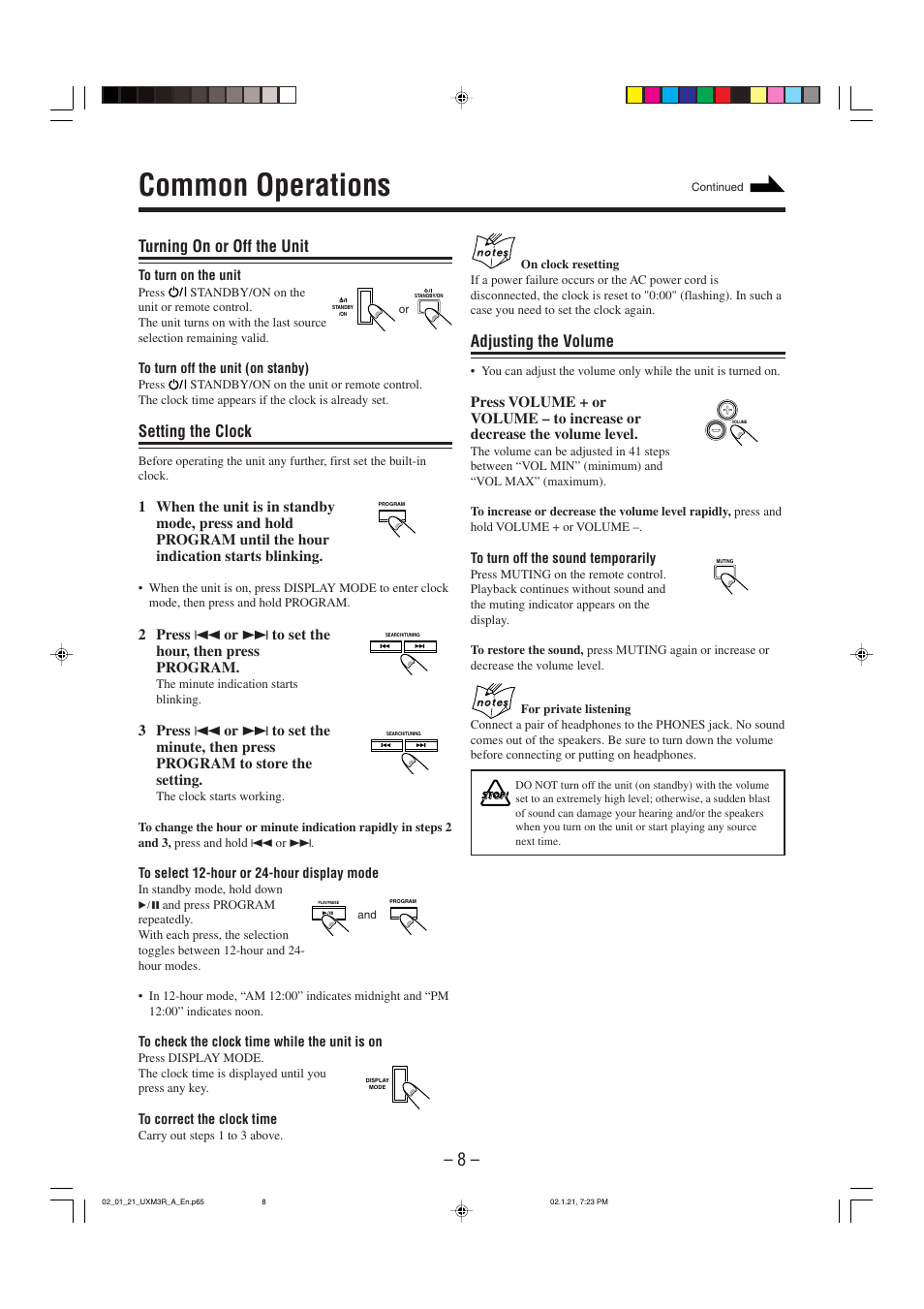 Common operations, Turning on or off the unit, Setting the clock | Adjusting the volume | JVC UX-M3R User Manual | Page 11 / 24