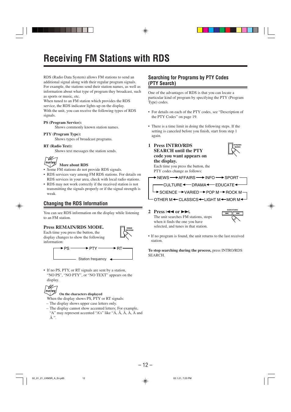 Receiving fm stations with rds, Changing the rds information, Searching for programs by pty codes (pty search) | JVC UX-M3R User Manual | Page 15 / 24