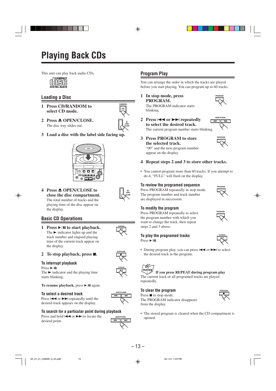 Playing back cds, Loading a disc, Basic cd operations | Program play | JVC UX-M3R User Manual | Page 16 / 24