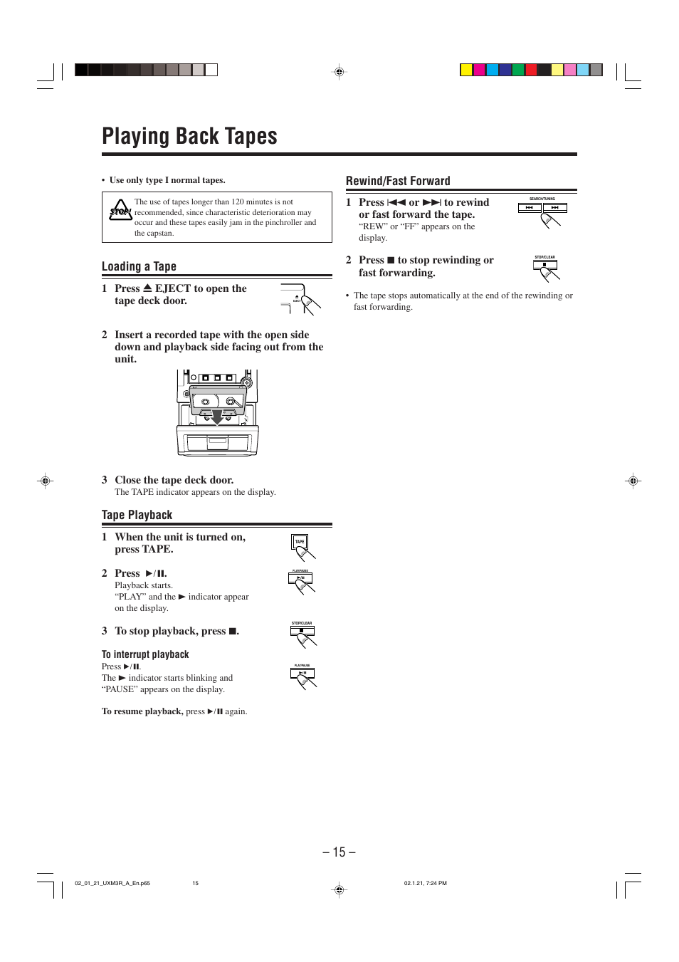 Playing back tapes, Loading a tape, Tape playback | Rewind/fast forward | JVC UX-M3R User Manual | Page 18 / 24
