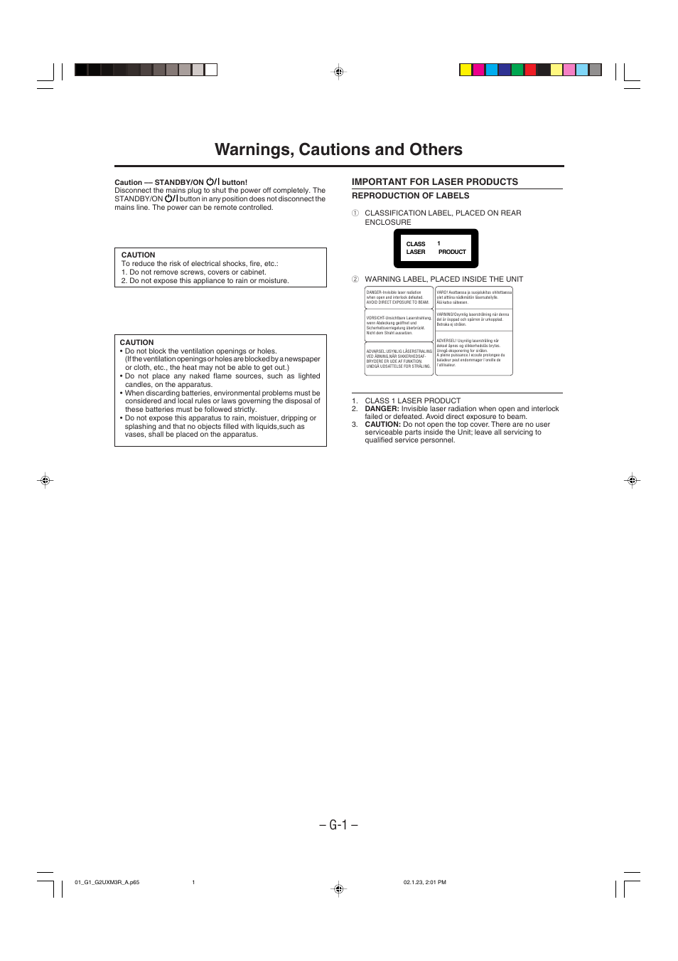 Warnings, cautions and others, Important for laser products | JVC UX-M3R User Manual | Page 2 / 24