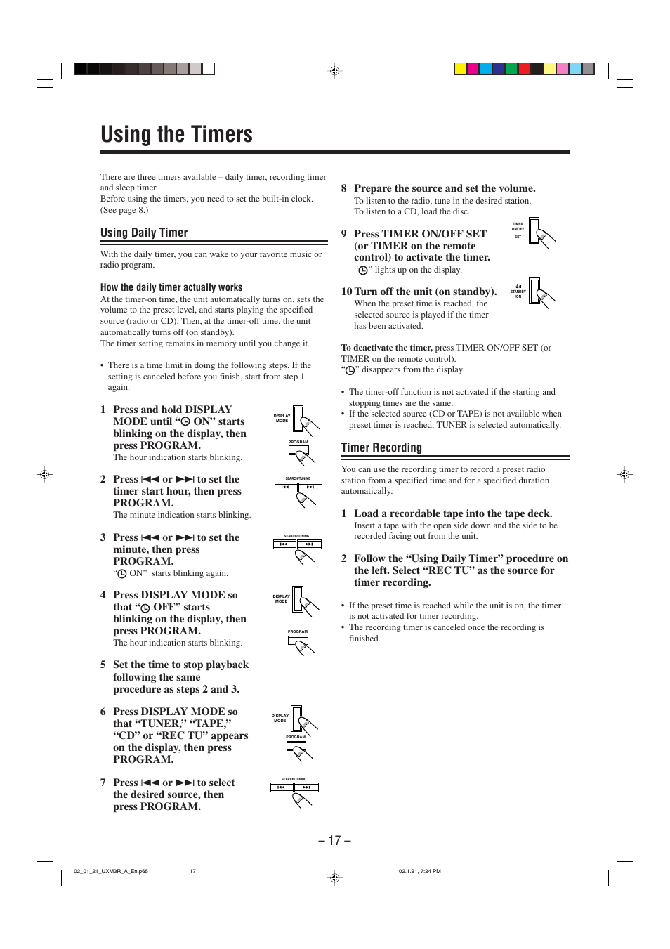 Using the timers, Using daily timer, Timer recording | JVC UX-M3R User Manual | Page 20 / 24