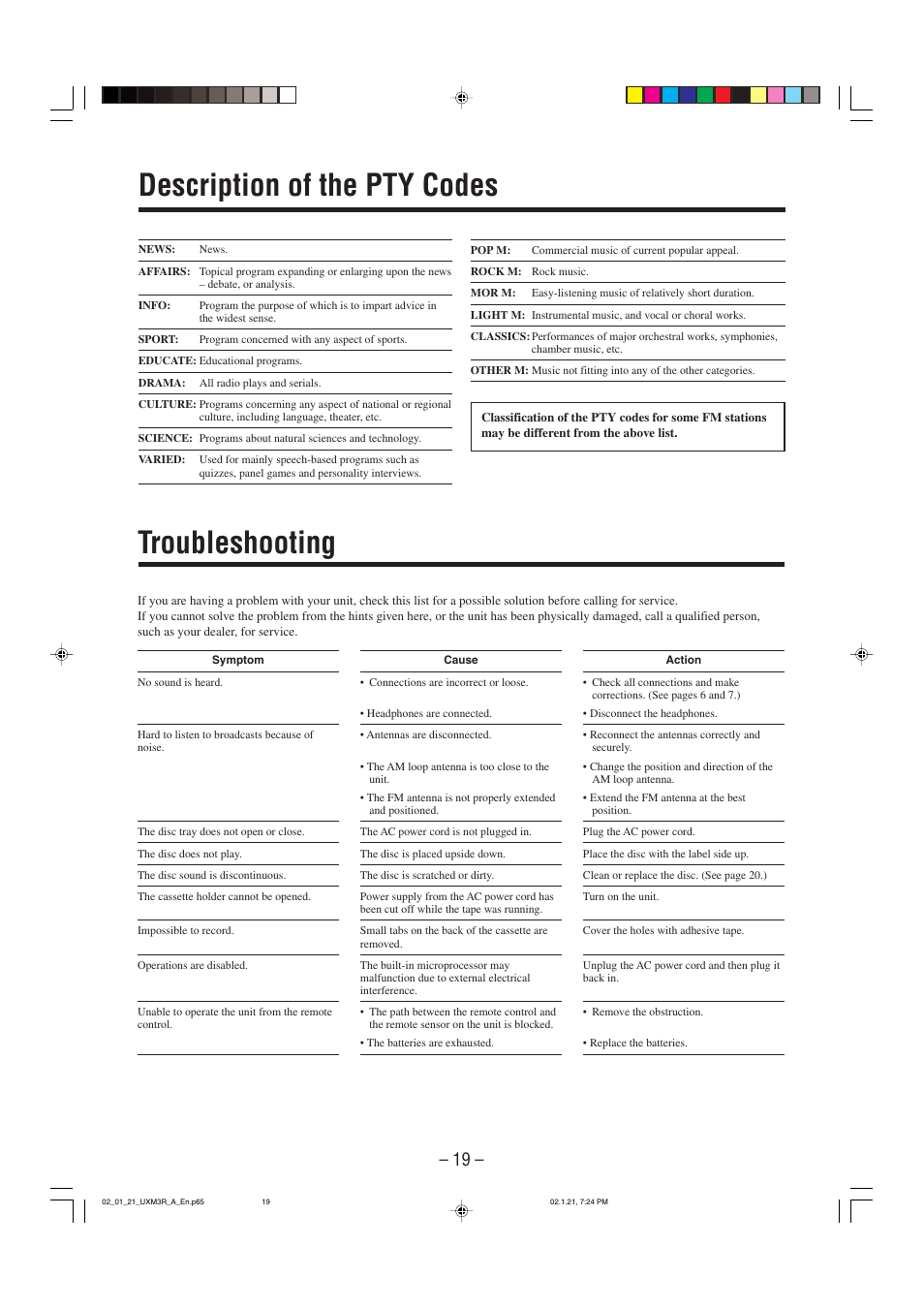 Description of the pty codes, Troubleshooting | JVC UX-M3R User Manual | Page 22 / 24