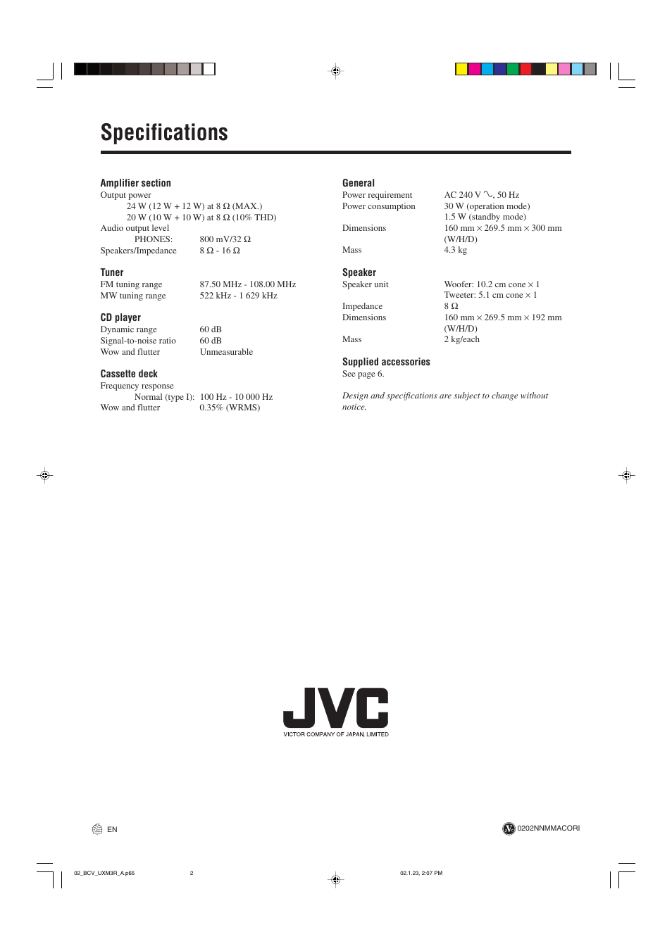 Specifications, Back cover | JVC UX-M3R User Manual | Page 24 / 24