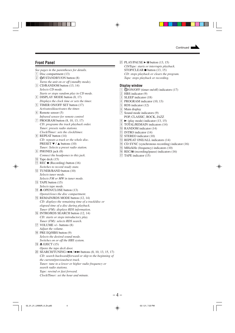 Front panel | JVC UX-M3R User Manual | Page 7 / 24