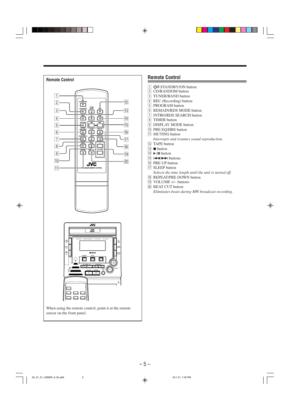 Remote control | JVC UX-M3R User Manual | Page 8 / 24