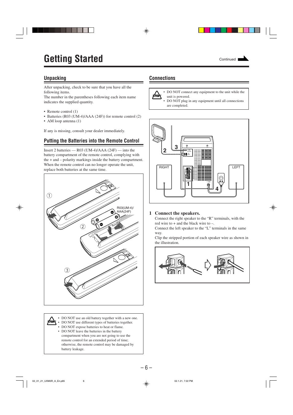 Getting started, Unpacking, Putting the batteries into the remote control | Connections | JVC UX-M3R User Manual | Page 9 / 24