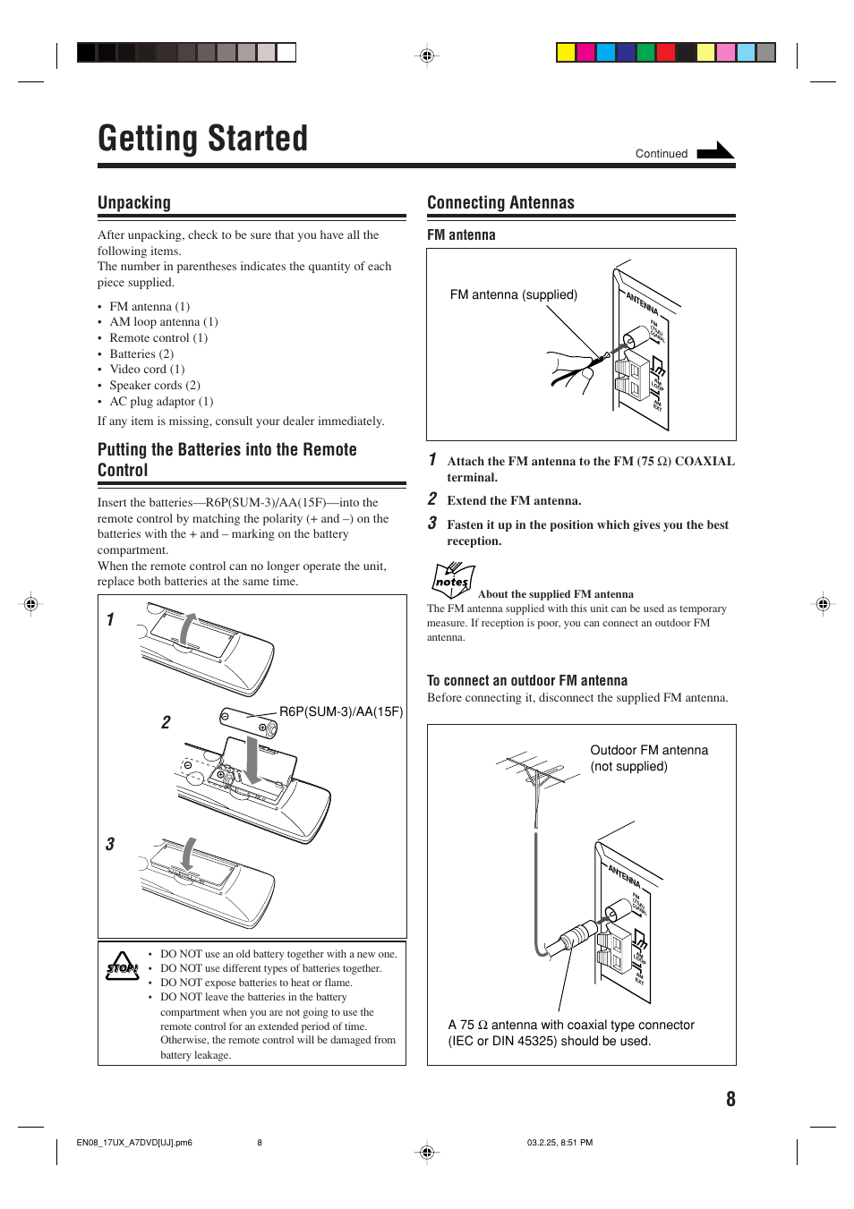 Getting started, Unpacking, Putting the batteries into the remote control | Connecting antennas, Fm antenna | JVC CA-UXA7DVD User Manual | Page 11 / 76