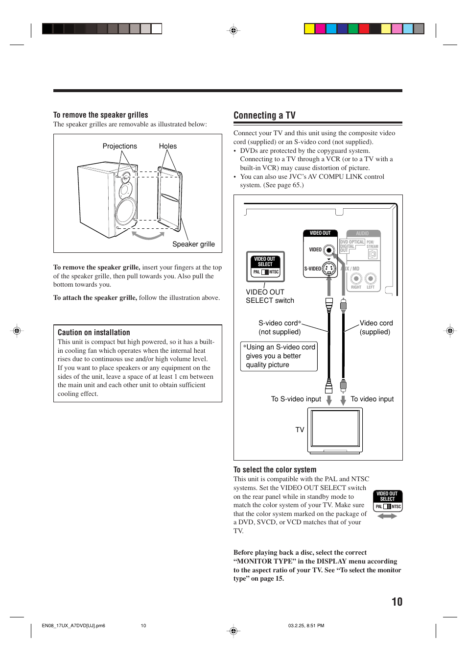 Connecting a tv, Caution on installation | JVC CA-UXA7DVD User Manual | Page 13 / 76