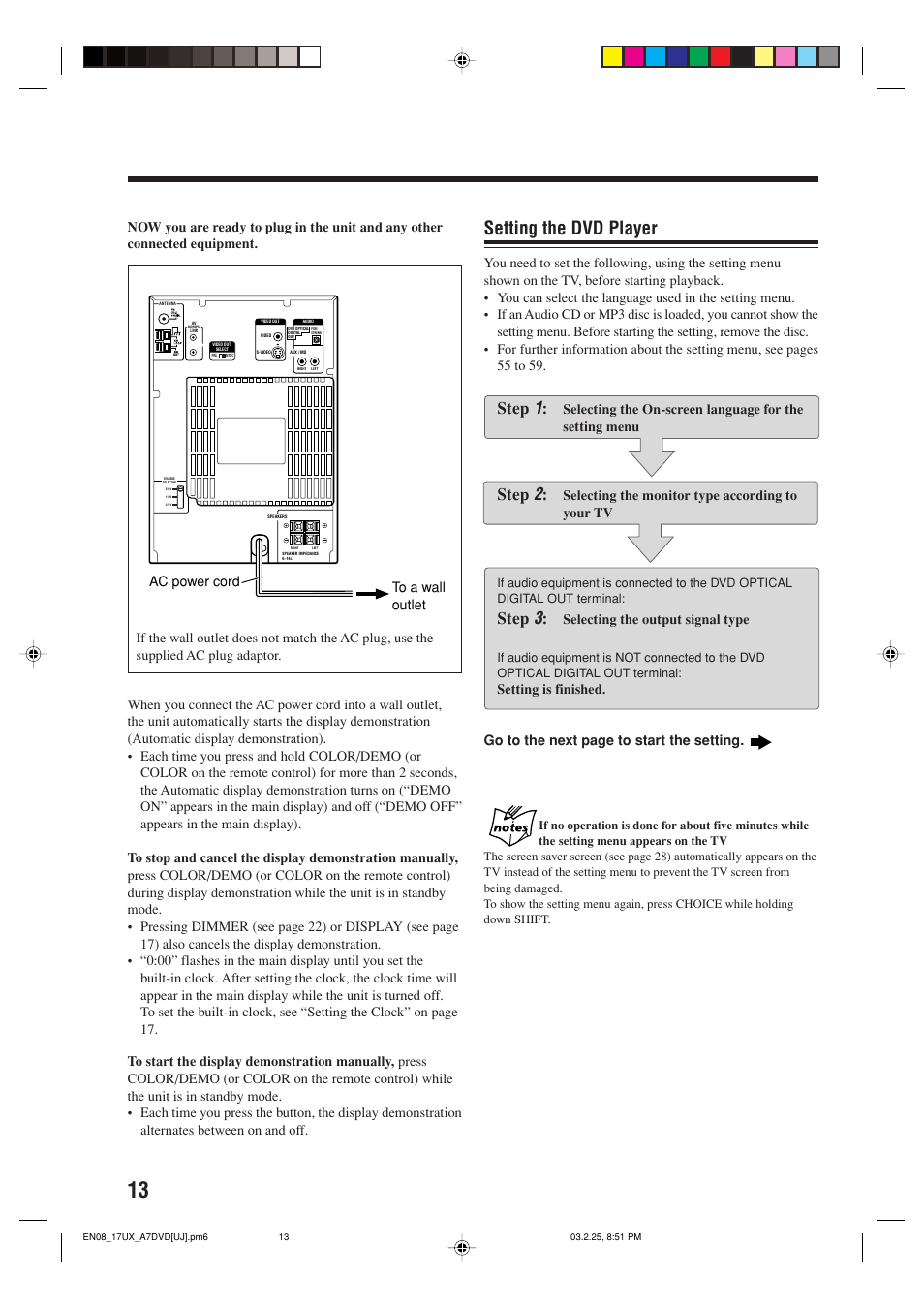 Setting the dvd player, Step, Ac power cord to a wall outlet | Selecting the monitor type according to your tv, Selecting the output signal type | JVC CA-UXA7DVD User Manual | Page 16 / 76