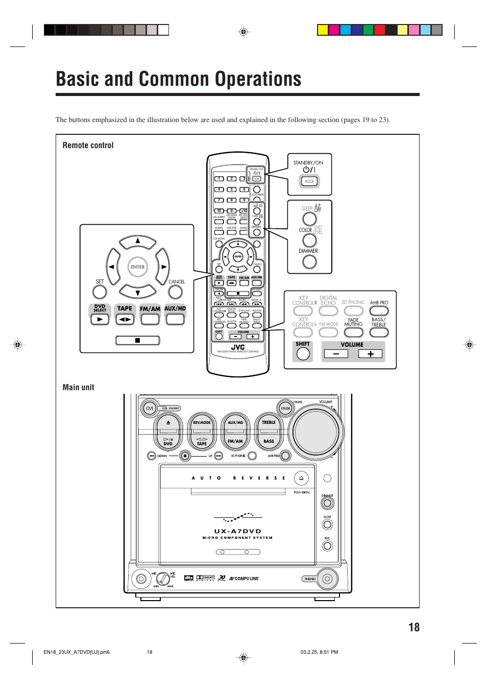 Basic and common operations, Remote control main unit, Volume | Aux/md, Fm/am tape | JVC CA-UXA7DVD User Manual | Page 21 / 76