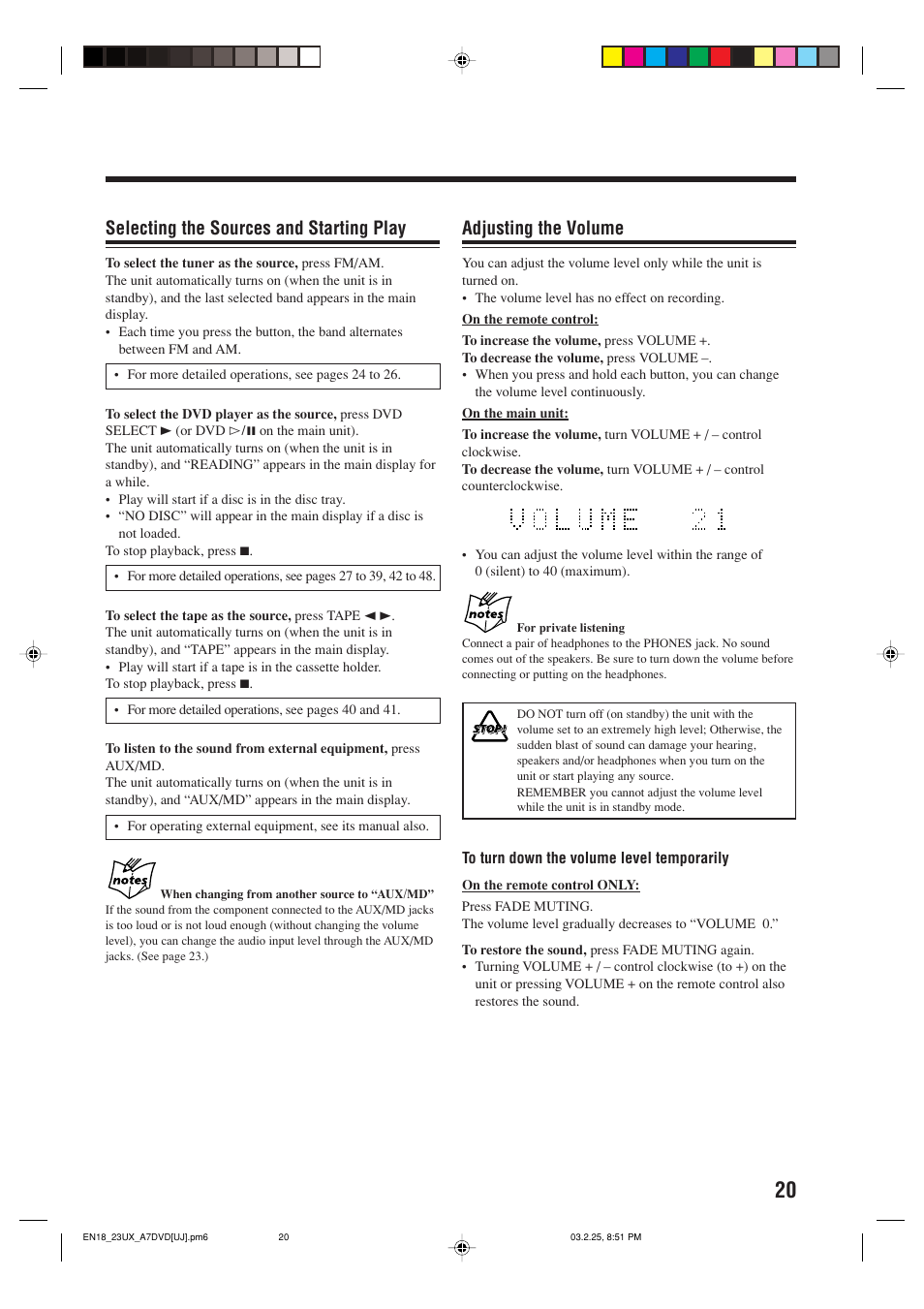 Adjusting the volume, Selecting the sources and starting play | JVC CA-UXA7DVD User Manual | Page 23 / 76