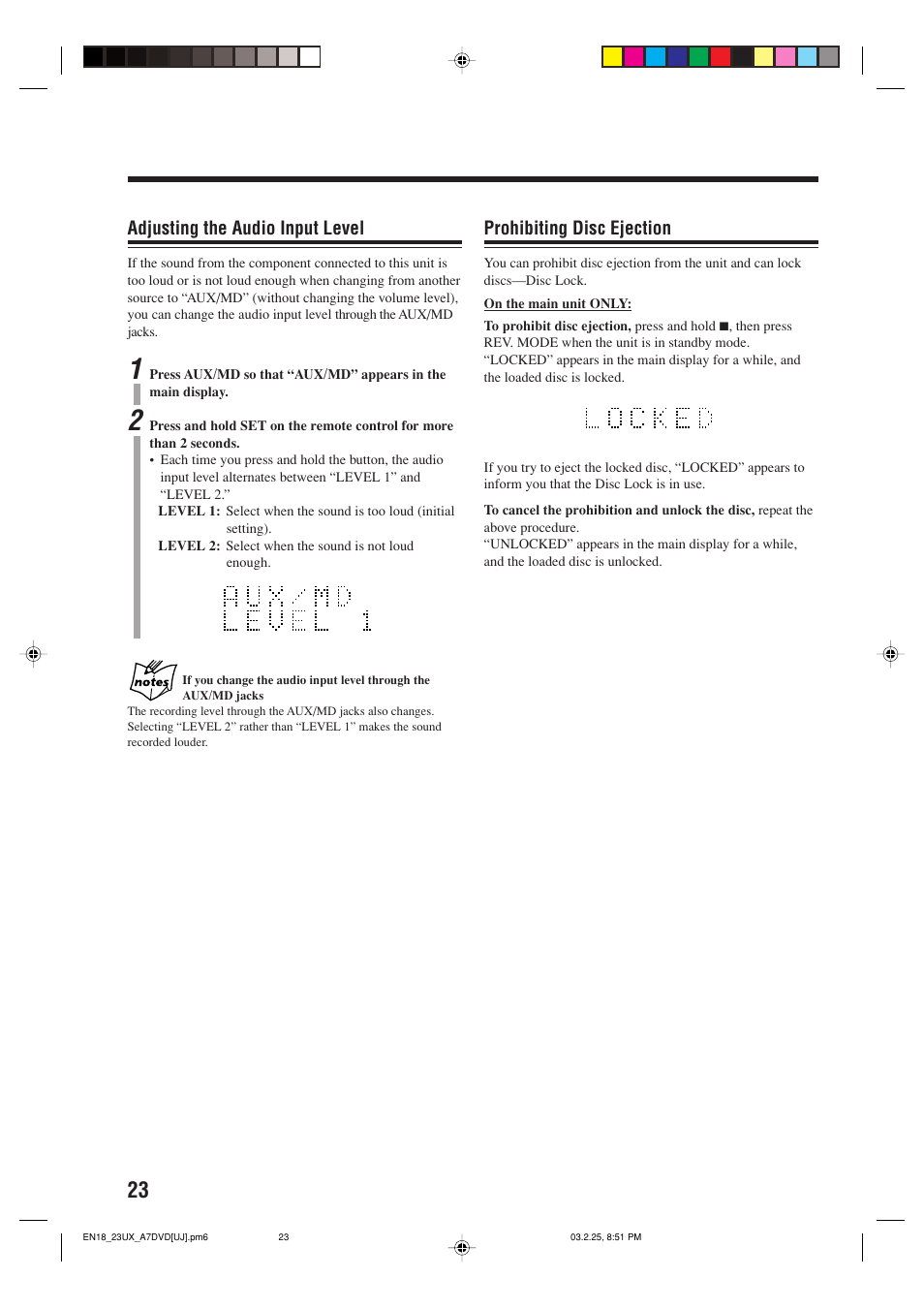 Adjusting the audio input level, Prohibiting disc ejection | JVC CA-UXA7DVD User Manual | Page 26 / 76