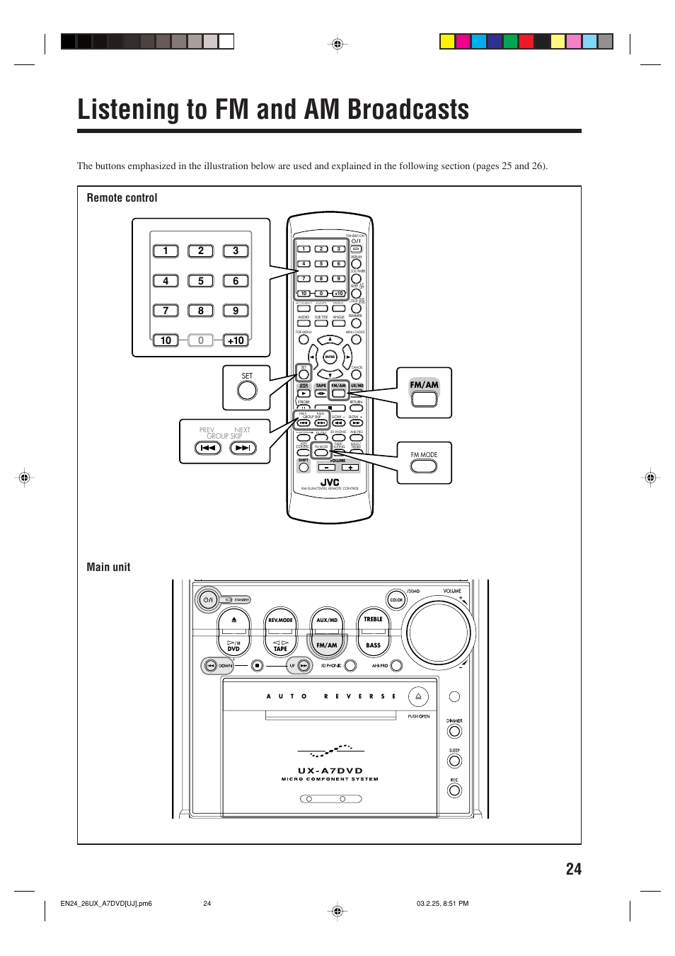 Listening to fm and am broadcasts, Remote control main unit | JVC CA-UXA7DVD User Manual | Page 27 / 76