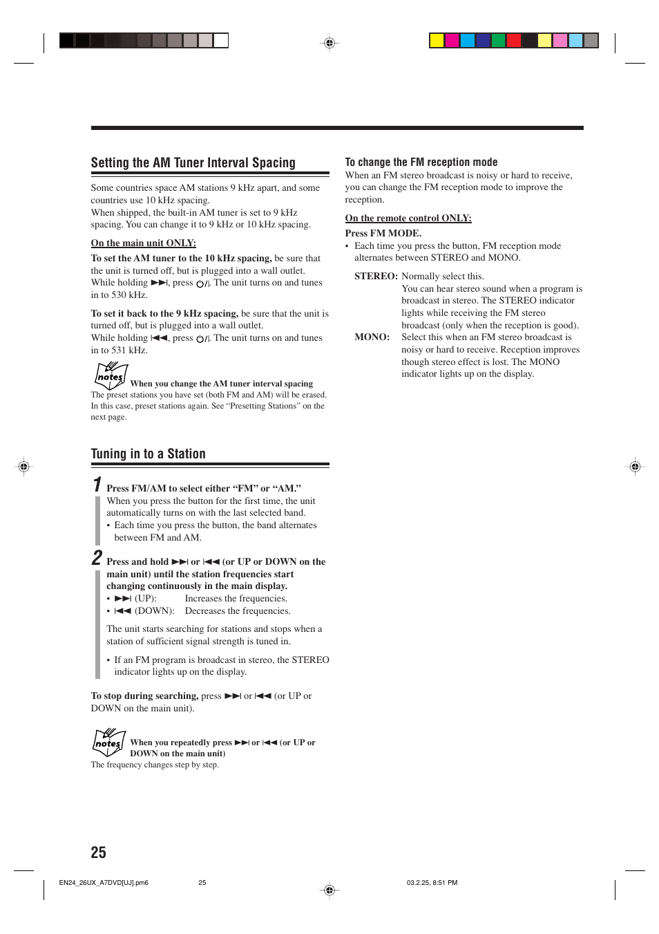 Setting the am tuner interval spacing, Tuning in to a station | JVC CA-UXA7DVD User Manual | Page 28 / 76