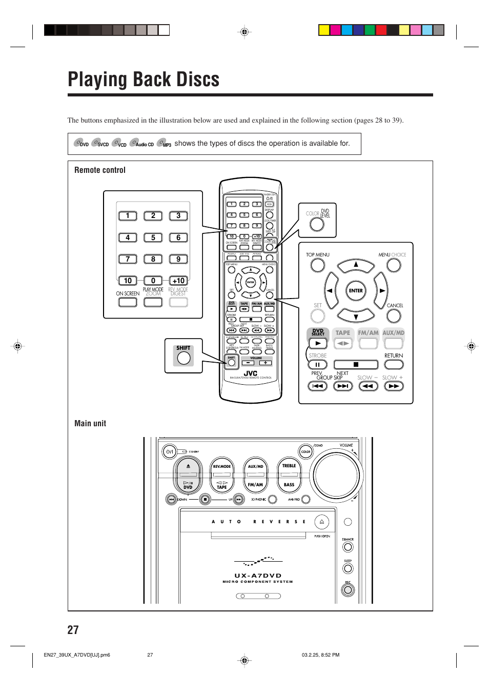 Playing back discs, Main unit, Remote control | JVC CA-UXA7DVD User Manual | Page 30 / 76