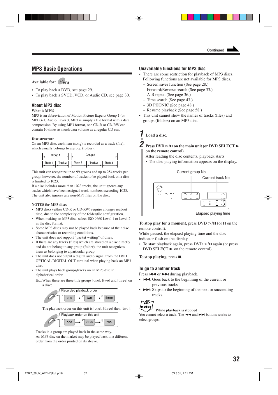 Mp3 basic operations | JVC CA-UXA7DVD User Manual | Page 35 / 76