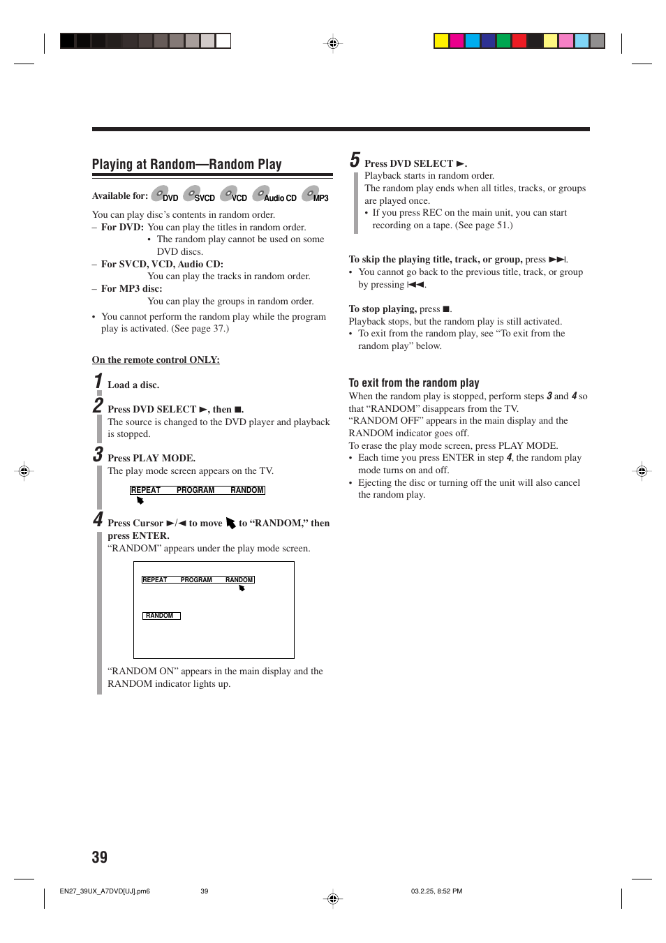 Playing at random—random play | JVC CA-UXA7DVD User Manual | Page 42 / 76