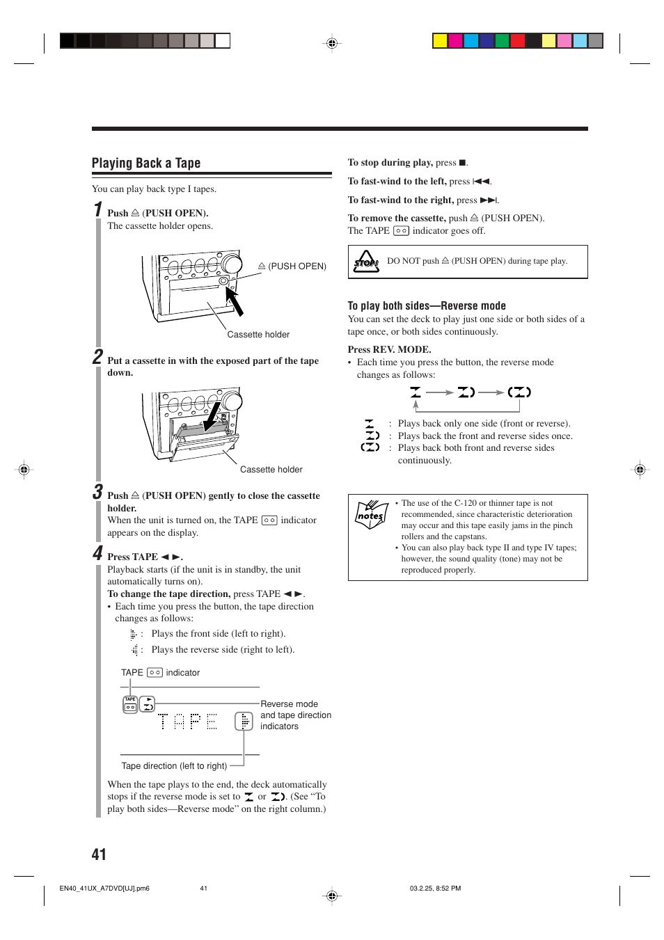 Playing back a tape | JVC CA-UXA7DVD User Manual | Page 44 / 76
