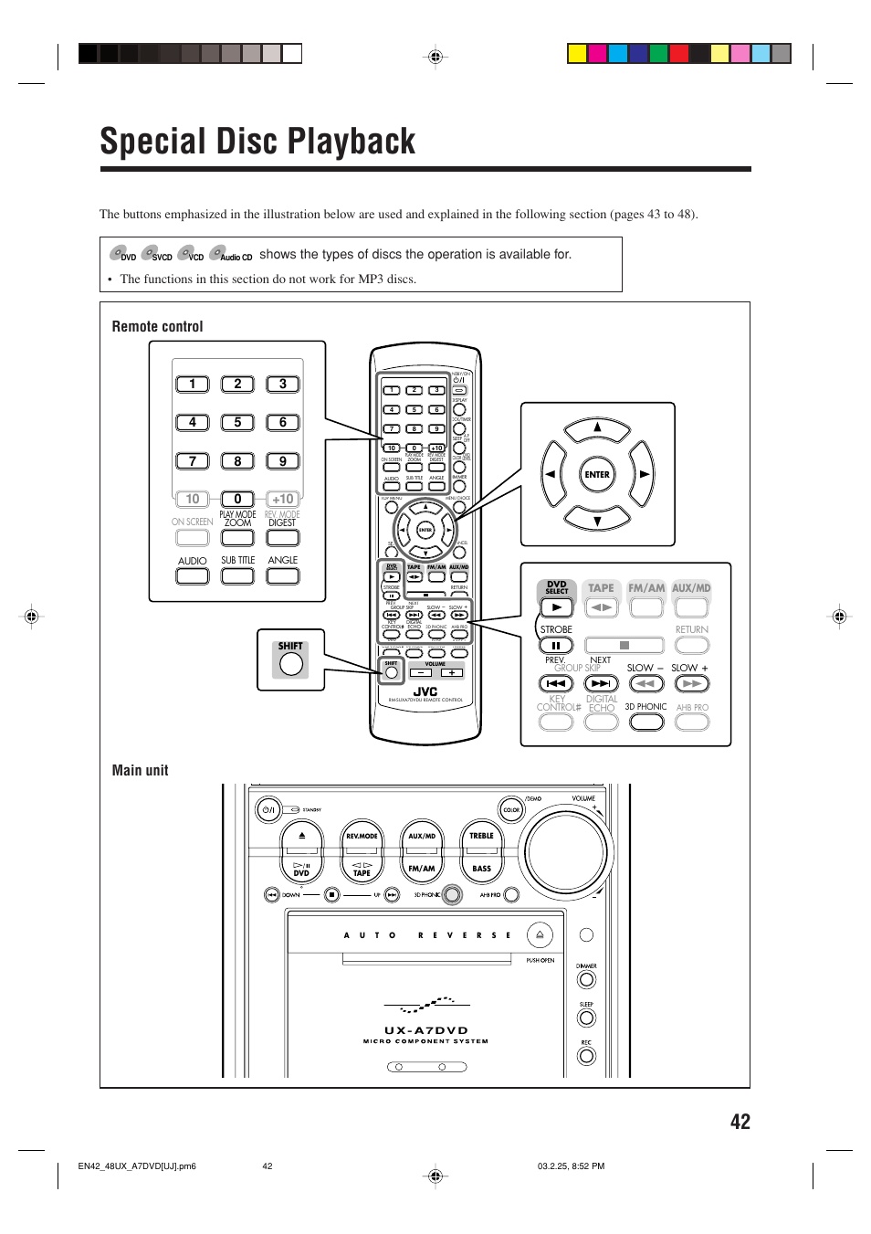 Special disc playback, Remote control, Main unit | JVC CA-UXA7DVD User Manual | Page 45 / 76