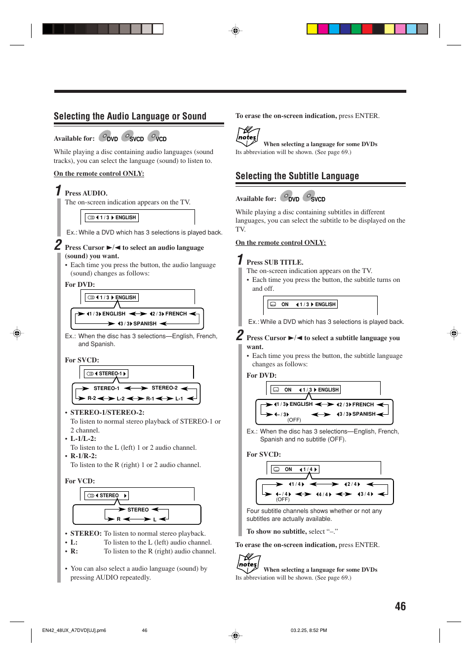 Selecting the audio language or sound, Selecting the subtitle language | JVC CA-UXA7DVD User Manual | Page 49 / 76