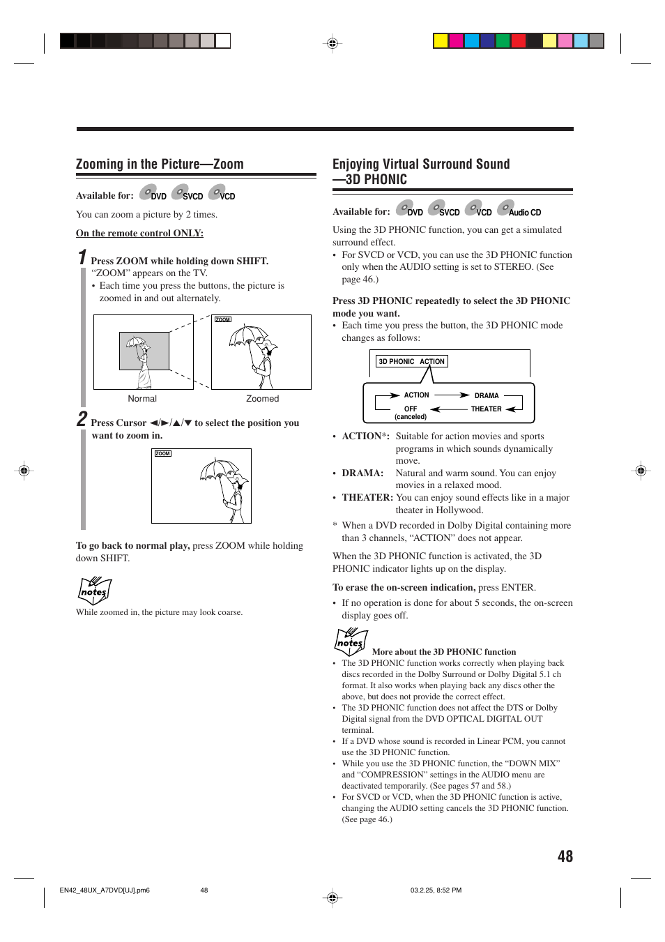 Zooming in the picture—zoom, Enjoying virtual surround sound —3d phonic | JVC CA-UXA7DVD User Manual | Page 51 / 76