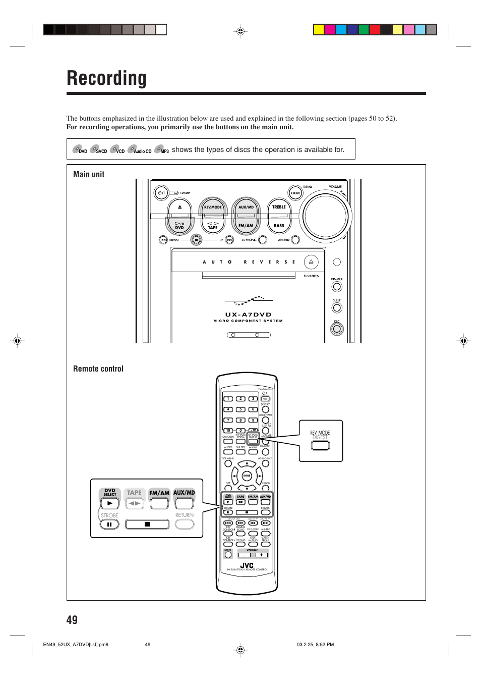 Recording, Main unit remote control, Aux/md | Fm/am tape | JVC CA-UXA7DVD User Manual | Page 52 / 76