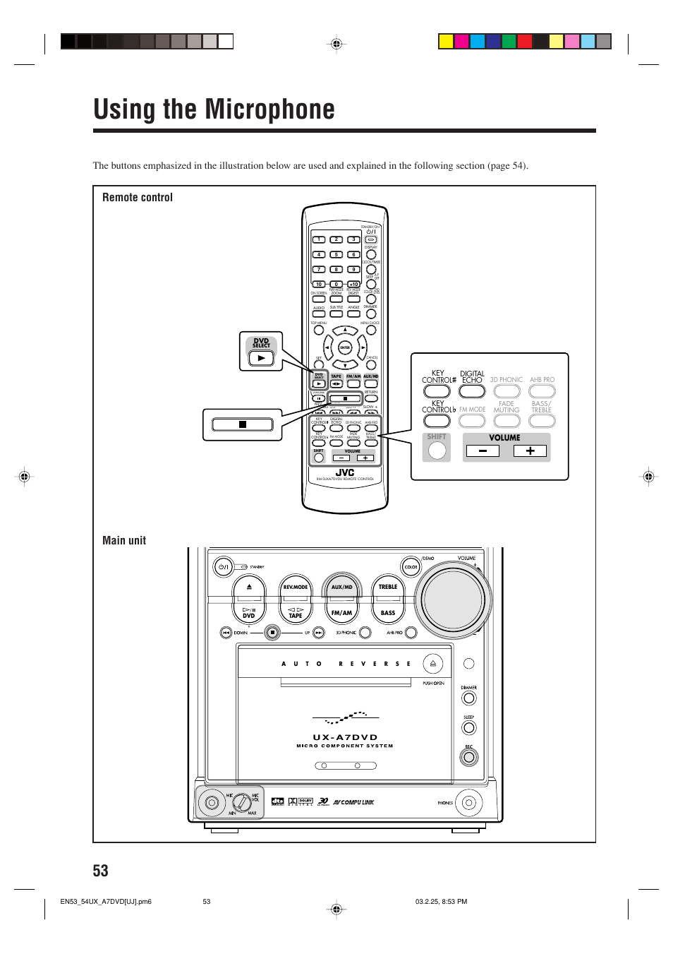 Using the microphone, Remote control main unit, Volume | JVC CA-UXA7DVD User Manual | Page 56 / 76
