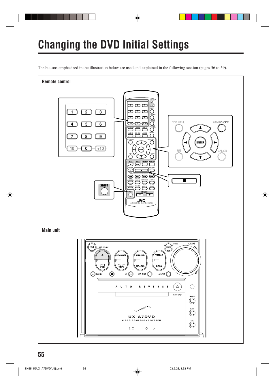 Changing the dvd initial settings, Main unit, Remote control | JVC CA-UXA7DVD User Manual | Page 58 / 76