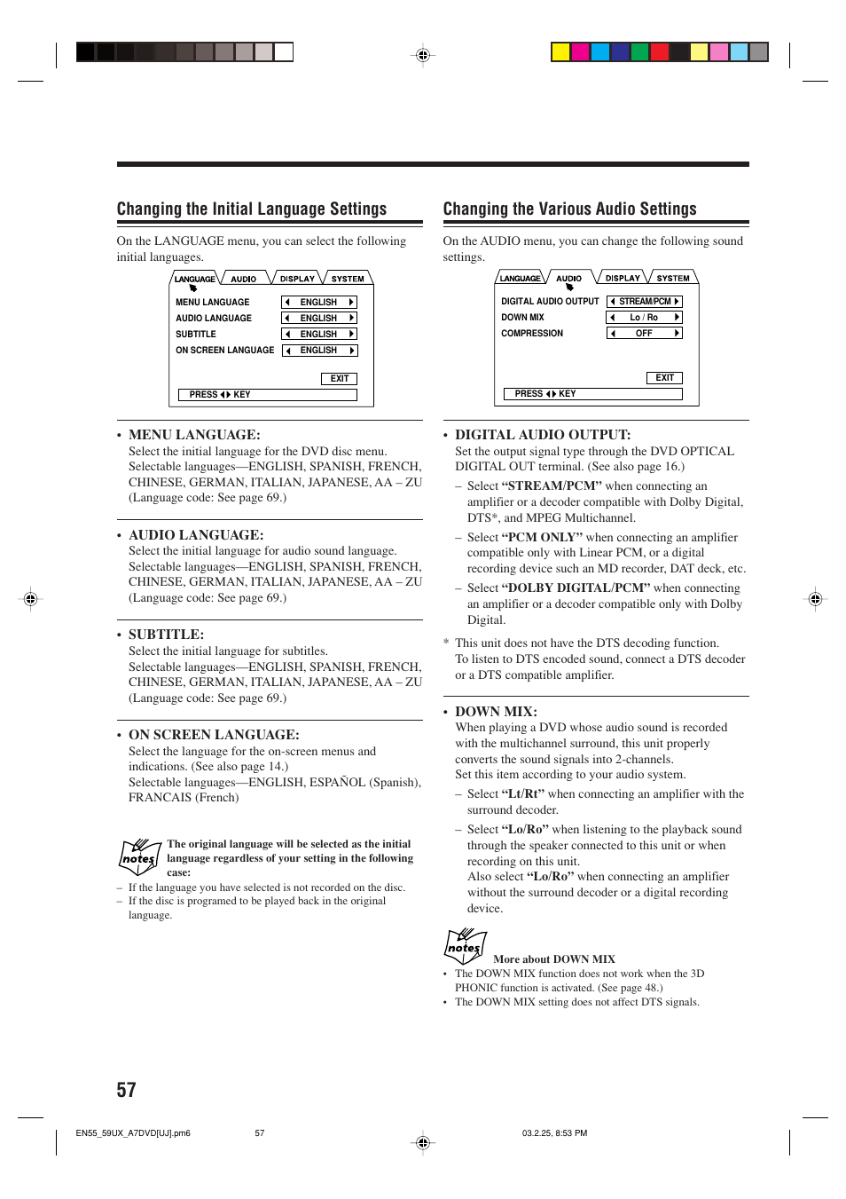 Changing the initial language settings, Changing the various audio settings | JVC CA-UXA7DVD User Manual | Page 60 / 76